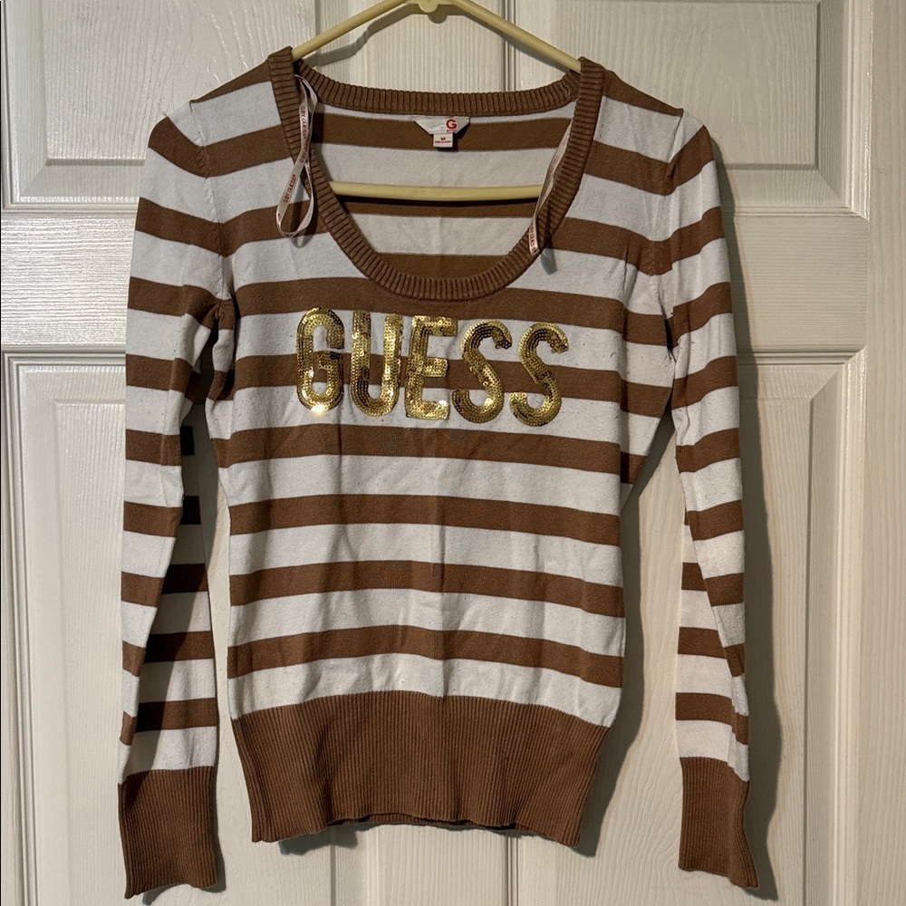 Guess Brown and White Striped Long Sleeve Sweater